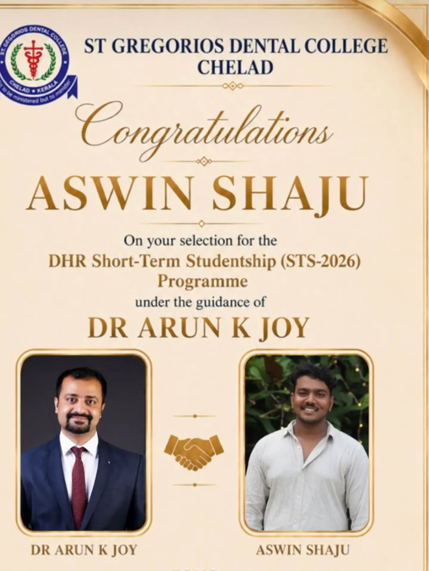 Congratulations Aswin Shaju on your selection for the DHR Short term Studentship Programme